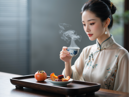 茶艺师正在进行茶艺表演，身着传统服饰，手法优雅，茶具精致