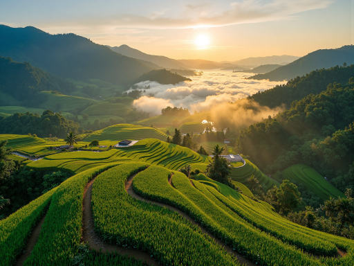 湖北茶园风景，绿意盎然的茶树梯田，远山如黛，晨雾缭绕