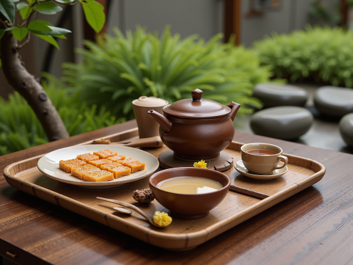 咸宁青砖茶，传统的砖形茶饼，表面有压制纹理，摆放在木制托盘上